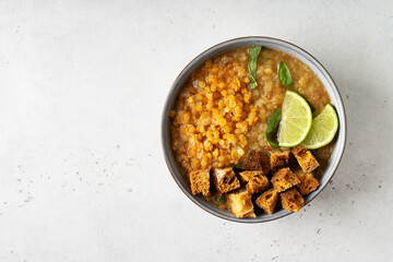 Lentil soup with ingredient on white background