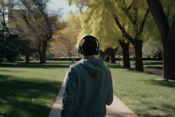 Young man walking in the park listening to music IA