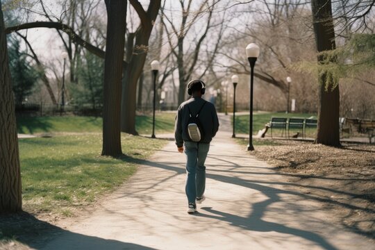 Young man walking in the park listening to music IA