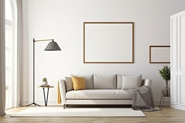 Mockup empty poster frame on the wall of living room over a sofa. Luxurious apartment background with contemporary design. Modern interior design idea - Generative AI