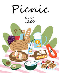 Picnic poster, greeting card with fruits and lemonade on picnic blanket card, hand drawn composition with wicker basket, food and drinks, invitation for outside meal, template with copy space, banner 