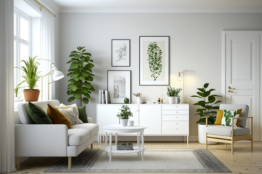 Modern living room with white furniture, clean minimalistic interior design. Super photo realistic background. Generative ai illustration
