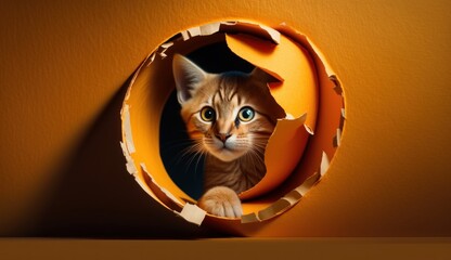A Surprised Cat in an Orange Wall Hole. Generative AI