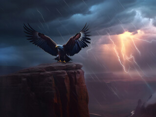 thunderbird on cliff edge, wings open wide, dramatic lightning strikes, generative AI
