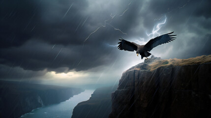 majestic thunderbird perched on cliff, wings spread wide, lightning storm background, generative AI - obrazy, fototapety, plakaty