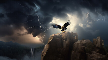 majestic thunderbird perched on cliff, wings spread wide, lightning storm background, generative AI - obrazy, fototapety, plakaty