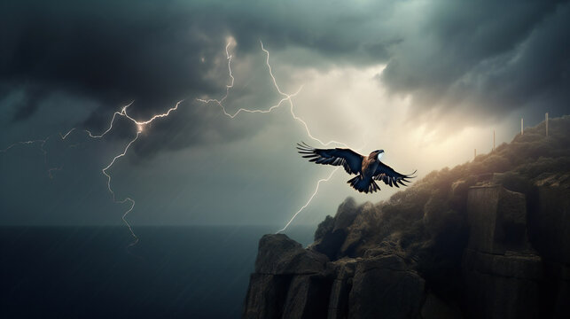 thunderbird on cliff edge, wings open wide, dramatic lightning strikes, generative AI
