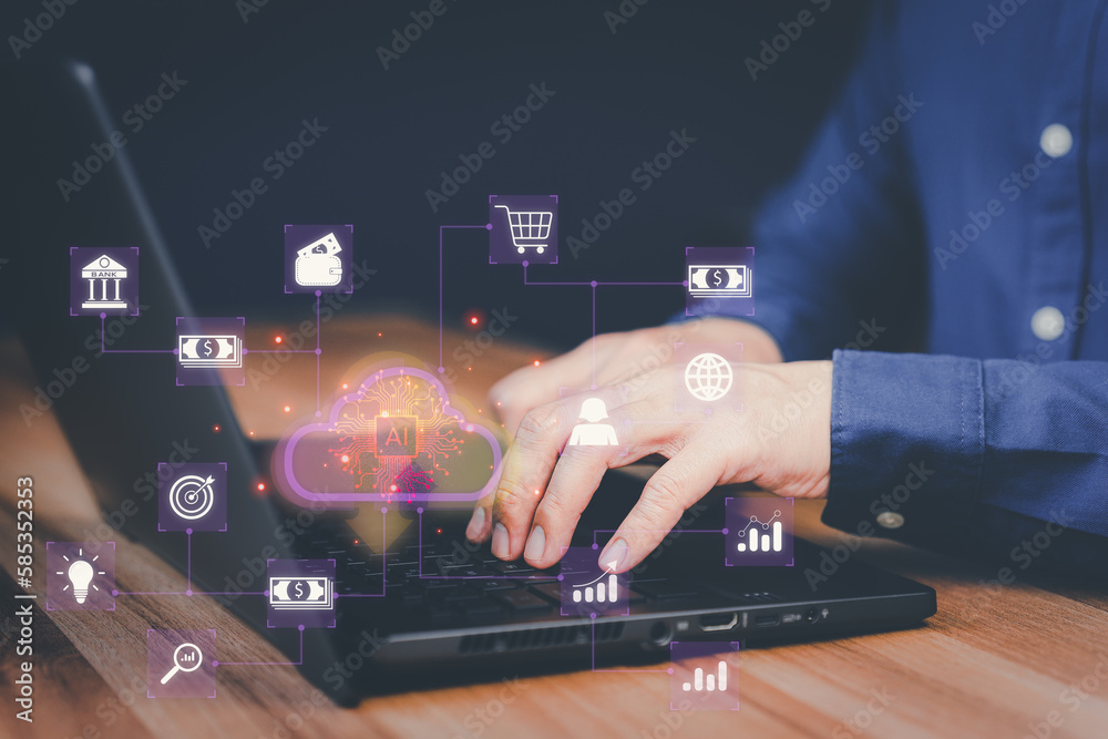Poster Ai technology and cloud computing. Technology big data and business process strategy. Financial management and smart industry. Digital transformation change management and internet of things.