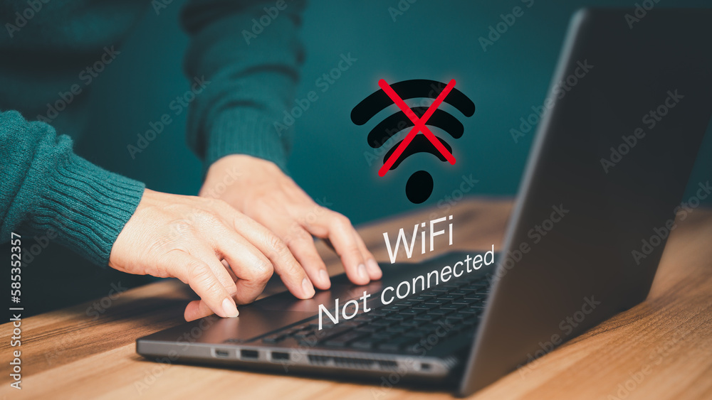 Poster Man using a computer laptop to connect to wifi but wifi not connected, and waiting to loading digital business data form website, concept technology of waiting for connect to wifi.