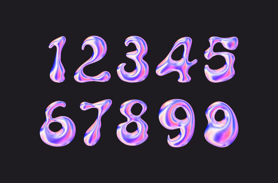 Holographic y2k number liquid. 3d bubble hologram figure . Iridescent holo vector letter for y2k design. Groovy vector illustration