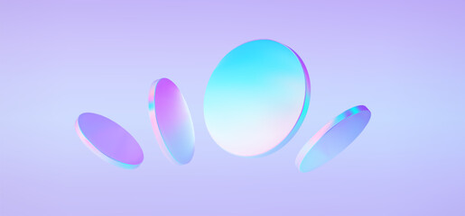 Set 3d hologram disk on holographic background. Flying fluid pink, blue, pastel podium.Abctract scene holo glass cylinder shape. Vector illustration