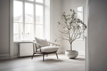 Fototapeta na wymiar Danish minimalist white eco friendly interior. Modern furnishings. Room. Generative AI