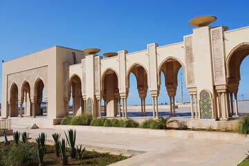 Stylish arcades of Hassan II mosque at Casablanca city in Morocco
