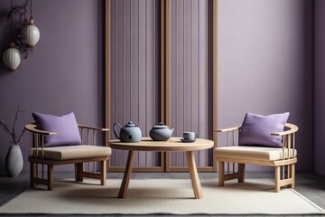 Minimalist Japanese style violet and beige tea ceremonial chamber mockup. Table, chairs, tatami. Japanese interiors. Generative AI