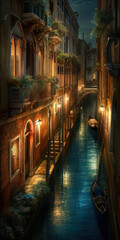 Lovely Landscape vintage architecture buildings , Night Venice Italy, there is a river on the street, ai generative