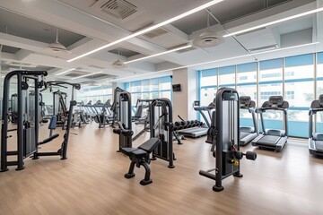 Fototapeta na wymiar well-equipped gym with a range of cardio machines, strength training equipment, and functional training equipment. It cater to different types of exercises and fitness goals - Generative AI