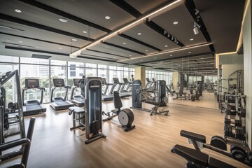 Fototapeta na wymiar well-equipped gym with a range of cardio machines, strength training equipment, and functional training equipment. It cater to different types of exercises and fitness goals - Generative AI