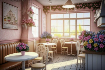 Modern cozy cafe, boho interior design. Super photo realistic background. Generative ai illustration