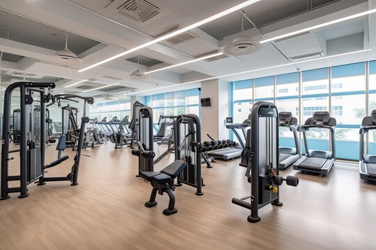 well-equipped gym with a range of cardio machines, strength training equipment, and functional training equipment. It cater to different types of exercises and fitness goals - Generative AI