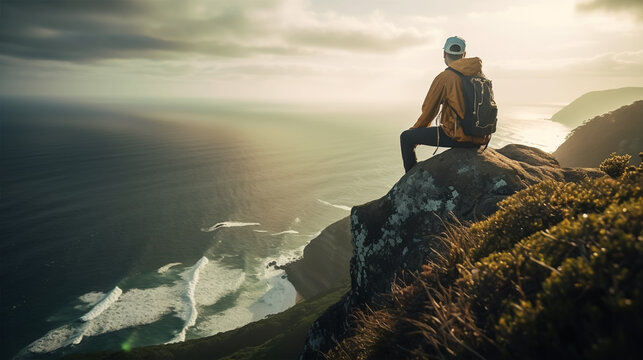 A man looks out over a mountain and the ocean.
adventure trip, summer vacation.