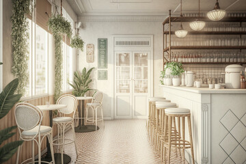 Modern cozy cafe, boho interior design. Super photo realistic background. Generative ai illustration
