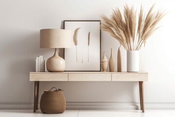 Room interior wall mockup in warm neutral minimalist style with biege wooden console, dried pampas grass, and brass metal light on empty white backdrop. Closeup,. Generative AI