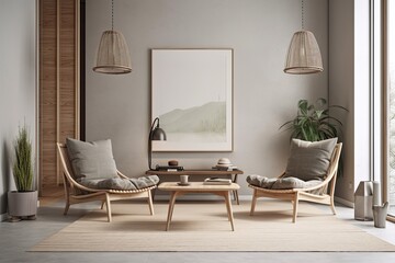 Contemporary minimalism, Scandinavian style, living room decor, vacant wall,. Generative AI