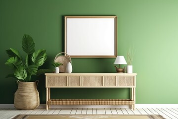Horizontal blank frame mockup in living room with slat sideboard, wicker lamp, and plant in basket on empty green wall. Generative AI