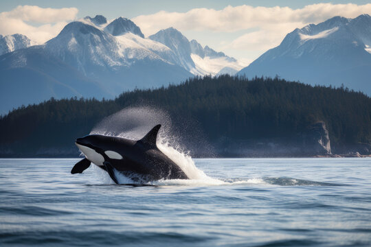 orca jumping out of ocean water with mountains in background, generative AI