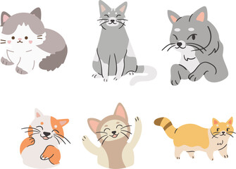 Set of cute cats in different poses. Vector illustration in cartoon style.