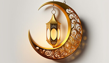 Arabic crescent moon and lantern pendant on a light Ramadan background. Generative AI - obrazy, fototapety, plakaty