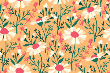 Seamless floral pattern, cute flower print with decorative wild plants. Pretty botanical design with large hand drawn chamomiles, small flowers, herbs, leaves on yellow background. Vector illustration