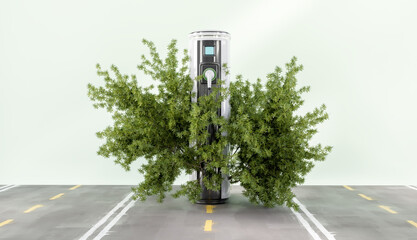 The ev charger with covered by tree, environmental friendly concept, 3d illustration rendering