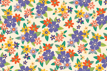 Seamless floral pattern, colorful ditsy print with retro motif. Cute botanical design with small hand drawn plants: pretty decorative flowers, tiny leaves on a white background. Vector illustration.