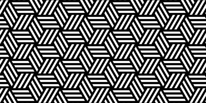 Black and White Optical Geometric Seamless for Printing on Fabric. Seamless geometric black and white pattern with triangles. Modern stylish texture. Repeating geometric background. Cubes with striped