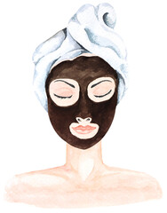 Woman with masking her face with mud in beauty spa.Illustration painted with watercolor.Skin care.Beauty treatment.