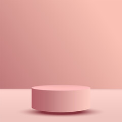 Realistic beige round podium floats above a plane in a studio room. Vector abstract geometric shape.Scene for product display or promotion. Stage showcase.