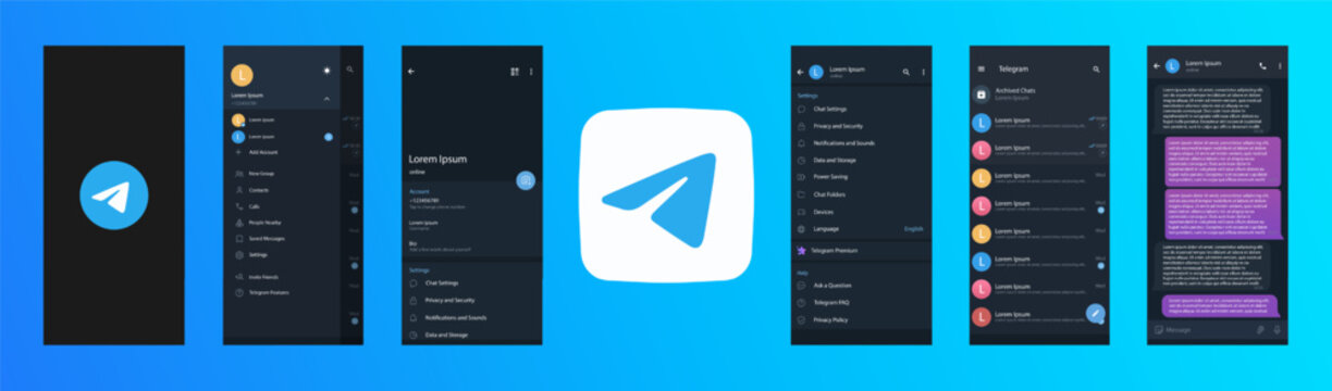 Telegram mockup. Telegram logo. Set telegram screen social media and social network interface template. Telegram button. Vector illustration. Editorial