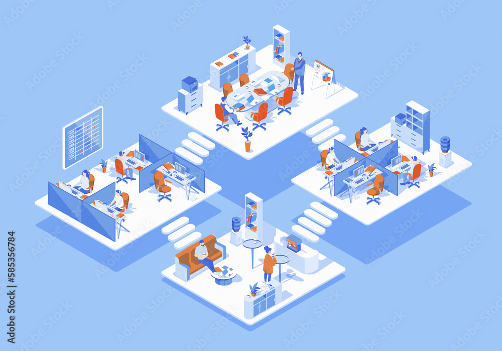 Aufkleber Call center concept 3d isometric web scene with infographic. People working in different rooms, technical support operators calls to clients in office. Illustration in isometry graphic design