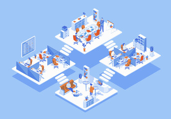 Call center concept 3d isometric web scene with infographic. People working in different rooms, technical support operators calls to clients in office. Illustration in isometry graphic design