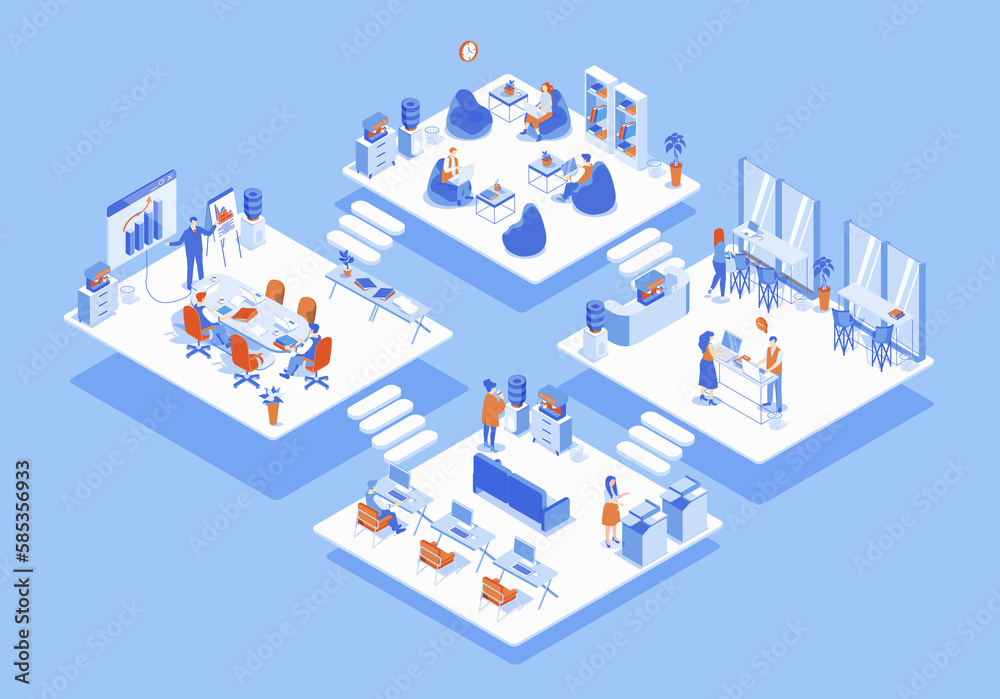 Leinwandbilder coworking space concept 3d isometric web scene with infographic. people working in office, tea meeti
