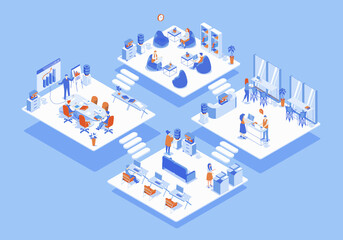 Coworking space concept 3d isometric web scene with infographic. People working in office, tea meeting in room, teamwork and workflow in departments. Illustration in isometry graphic design - obrazy, fototapety, plakaty