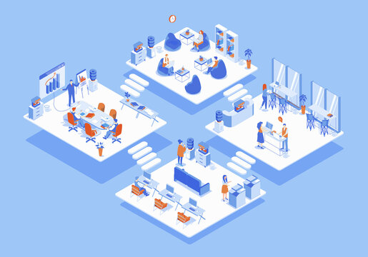 Coworking space concept 3d isometric web scene with infographic. People working in office, tea meeting in room, teamwork and workflow in departments. Illustration in isometry graphic design