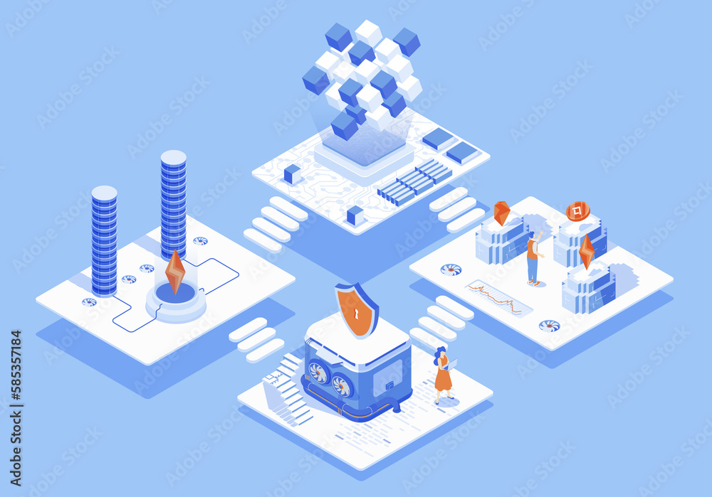 Poster Cryptocurrency market concept 3d isometric web scene with infographic. People work and trade in abstract crypto farm, blockchain technology at platform. Illustration in isometry graphic design