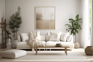 Sofa and decor in white living room. Generative AI