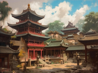 Fototapeta premium Oil painting of ancient architecture of Chinese civilization. The buildings used bright colors, vermilion fir pillars, glaze roof tiles and decorative parts such as the bracket under the eaves. 