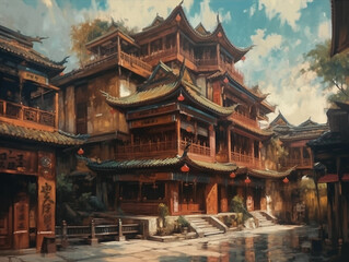 Oil painting of ancient architecture of Chinese civilization. The buildings used bright colors, vermilion fir pillars, glaze roof tiles and decorative parts such as the bracket under the eaves.
