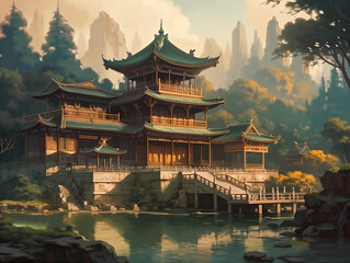 Naklejka premium Oil painting of ancient architecture of Chinese civilization. The buildings used bright colors, vermilion fir pillars, glaze roof tiles and decorative parts such as the bracket under the eaves. 