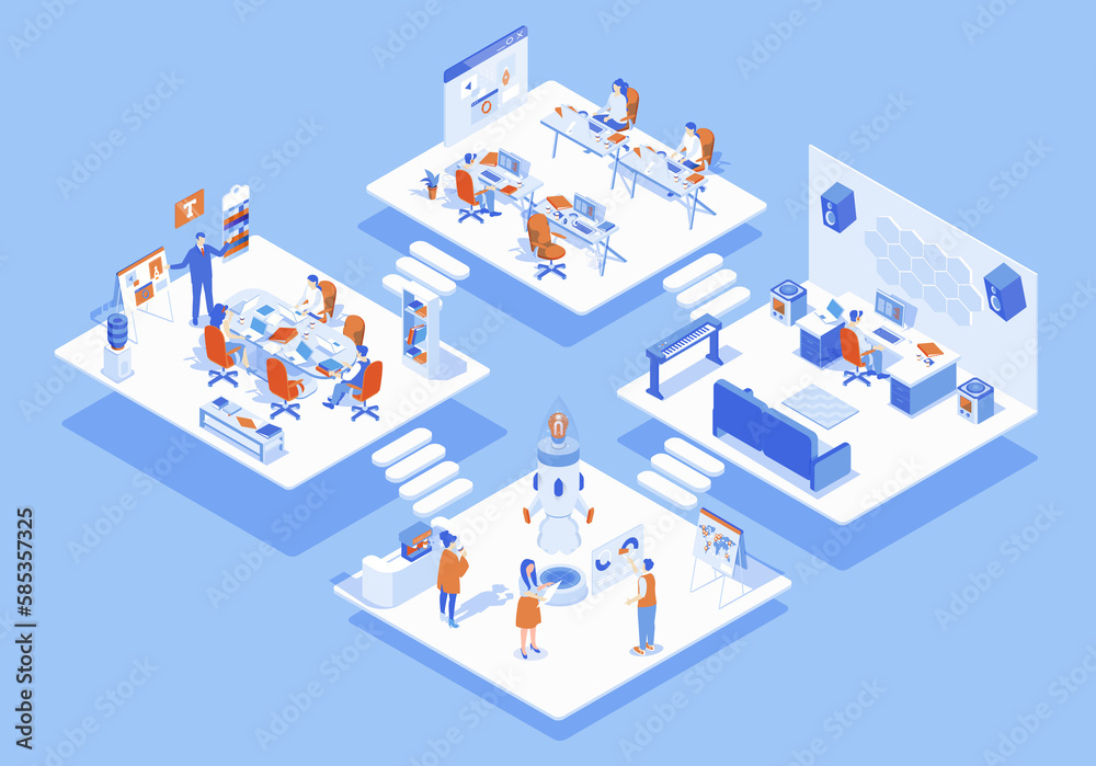Poster designer studio concept 3d isometric web scene with infographic. people work at different creativity