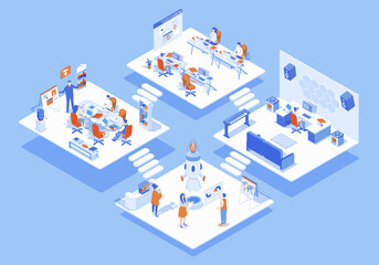 Designer studio concept 3d isometric web scene with infographic. People work at different creativity rooms, meeting and brainstorming at agency office. Illustration in isometry graphic design